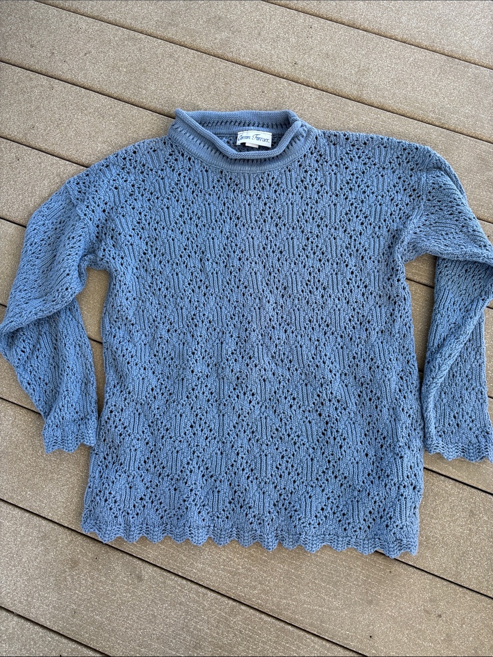 Blue Openwork Turtleneck Sweater